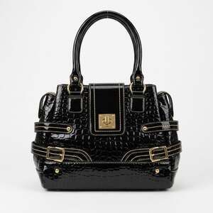 Elegant Black Patent Faux Croc Satchel Handbag